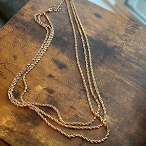Gold Braided Link Three Chain Statement Necklace